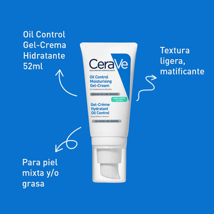 CeraVe Oil Control Gel-Crema Hidratante y Matificante para Piel Grasa 52ml | Hidrata y Controla el Brillo hasta por 8 Horas, con Ácido Hialurónico