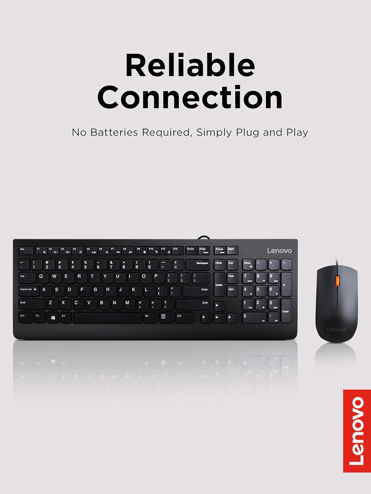 Lenovo 300 USB Combo, Teclado y Mouse con Cable de tamaño Completo, ergonómico, Mouse Izquierdo o Derecho, Mouse óptico, GX30M39606, Negro