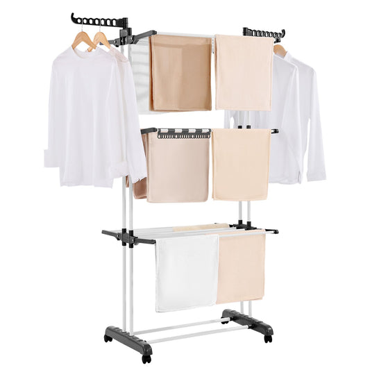 VEVOR - Tendedero Plegable de 4 Niveles, Estante de Secado de Metal con 24 Varillas de Secado, Colgador portátil y de pie con 4 Ruedas y Dos alas Laterales para Uso en Exteriores e Interiores