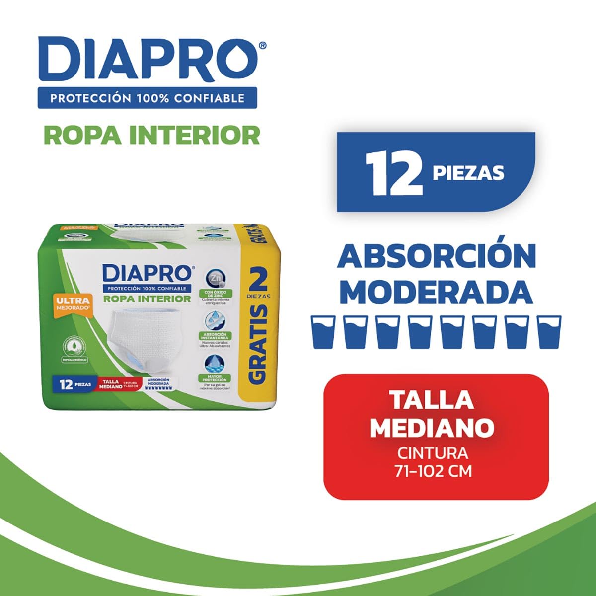 Diapro Pants Calzones Desechables para Incontinencia, Talla Mediana, Unisex, Caja con 80 Piezas (8 paquetes de 10 piezas c/u), Corte discreto