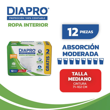 Diapro Pants Calzones Desechables para Incontinencia, Talla Mediana, Unisex, Caja con 80 Piezas (8 paquetes de 10 piezas c/u), Corte discreto