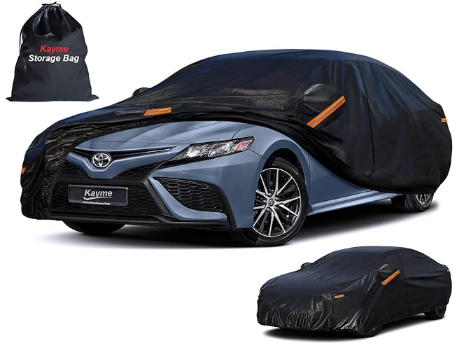 Kayme Funda para Auto, Cubre Automóviles Exterior Impermeable Transpirable Anti-UV Antipolvo de 7 Capas, Cubierta para Automóvil con Cremallera y Forro de Algodón Tira Reflectante para Sedán (470 a 490 cm)