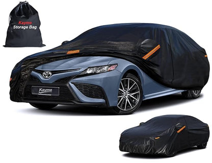 Kayme Funda para Auto, Cubre Automóviles Exterior Impermeable Transpirable Anti-UV Antipolvo de 7 Capas, Cubierta para Automóvil con Cremallera y Forro de Algodón Tira Reflectante para Sedán (470 a 490 cm)