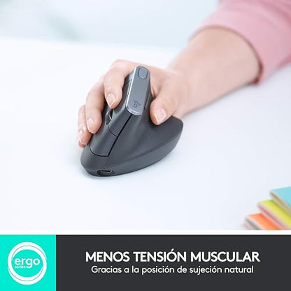 Logitech MX Vertical Mouse Inalámbrico Ergonómico, Multi-Computadora, 2,4 GHz/Bluetooth con Receptor Unifying USB, Seguimiento Óptico 4000 dpi, 4 Botones, Carga Rápida, Portátil/PC/Mac/iPad OS - Negro.