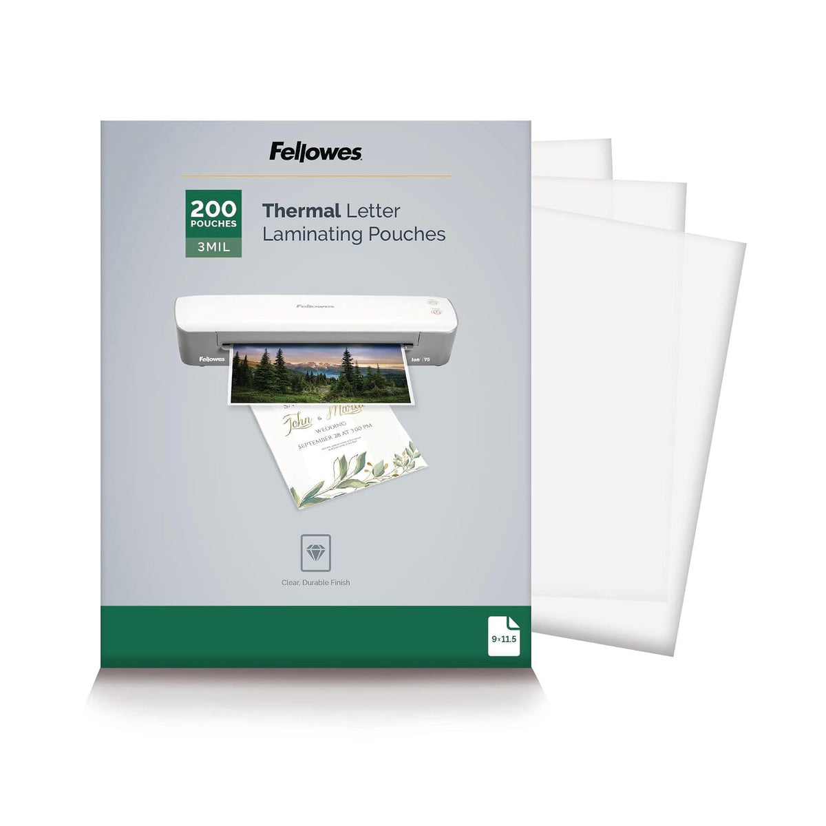 Fellowes Bolsas de laminación térmica, hojas de tamaño carta de 3 mil, 9 x 11.5, paquete de 200, transparente (5743401)
