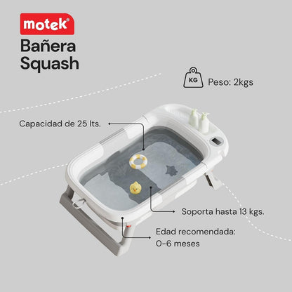 Motek Squash Bañera Tina Plegable para Bebé con Termómetro Digital Táctil, Red Acolchada de Soporte, Tapón de Drenaje y Charola Removible, Diseño Ultra Compacto Portátil, Superficie antideslizante (Azul)