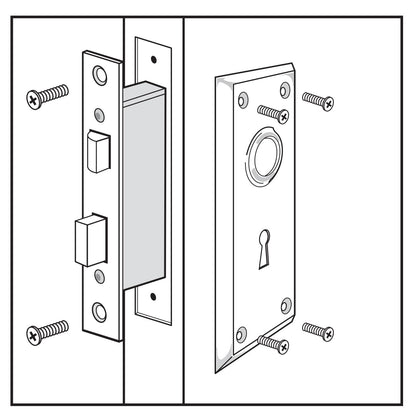Prime-Line E 2294 Kit de montaje de cerradura de mortaja para interiores de estilo clásico, acero fundido, acabado chapado en latón, llave de esqueleto antigua, parte posterior, eje cuadrado máximo de