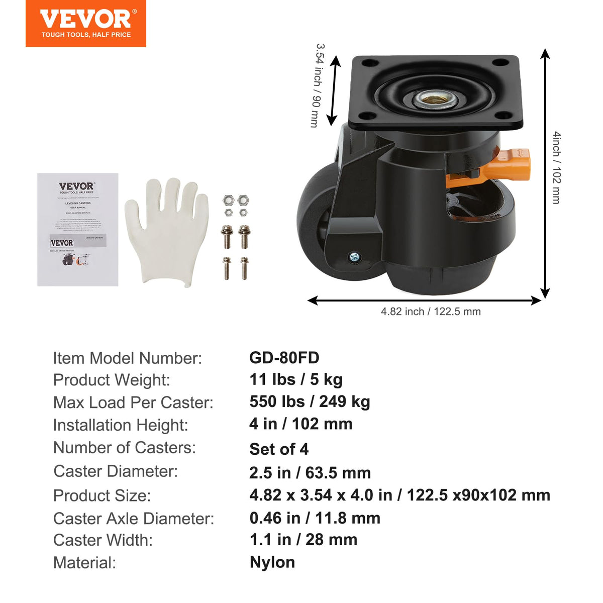 VEVOR Ruedas niveladoras, juego de 4, capacidad de carga total de 2200 libras, 2.5 pulgadas, resistente con diseño de mango mejorado, ruedas giratorias de 360 ​​grados, ruedas ajustables con pies para