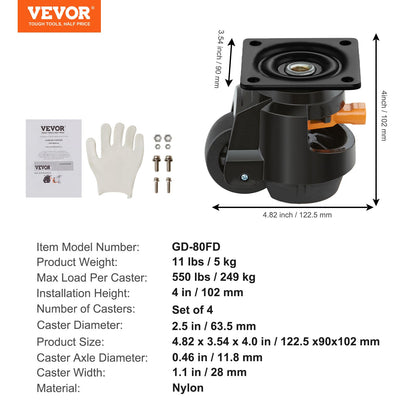 VEVOR Ruedas niveladoras, juego de 4, capacidad de carga total de 2200 libras, 2.5 pulgadas, resistente con diseño de mango mejorado, ruedas giratorias de 360 ​​grados, ruedas ajustables con pies para