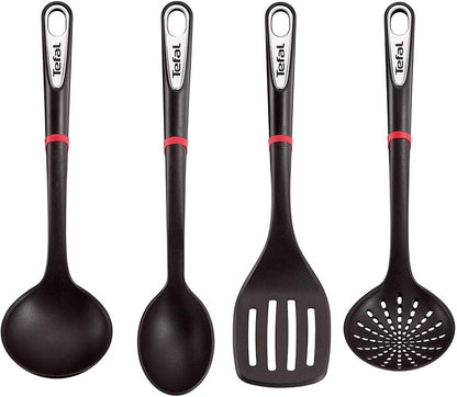 Tefal Juego de 4 Utensilios de Cocina Ingenio, Nylon. Incluye Espátula, Cucharón, Cuchara y Colador, color Negro, Resiste hasta 230°C, K206S414