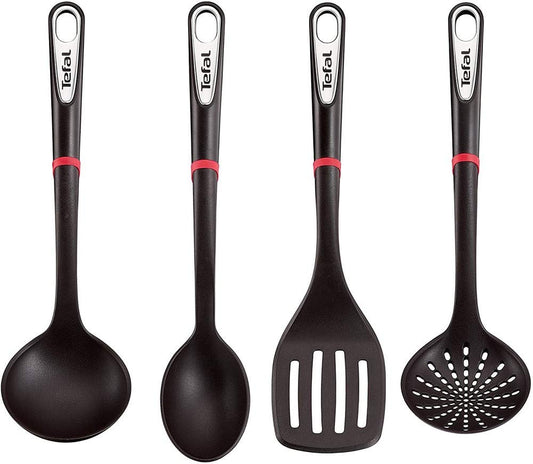 Tefal Juego de 4 Utensilios de Cocina Ingenio, Nylon. Incluye Espátula, Cucharón, Cuchara y Colador, color Negro, Resiste hasta 230°C, K206S414