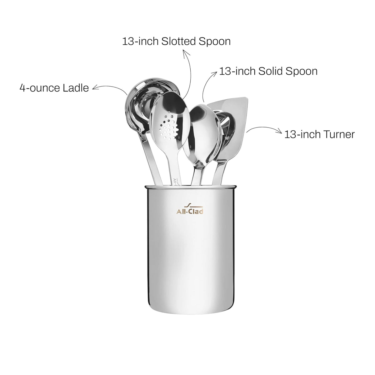 All-Clad Juego de utensilios de cocina de acero inoxidable de 5 piezas, incluye cucharón, cuchara sólida, cuchara ranurada, volteador y organizador de almacenamiento, calibre pesado, ergonómico, apto