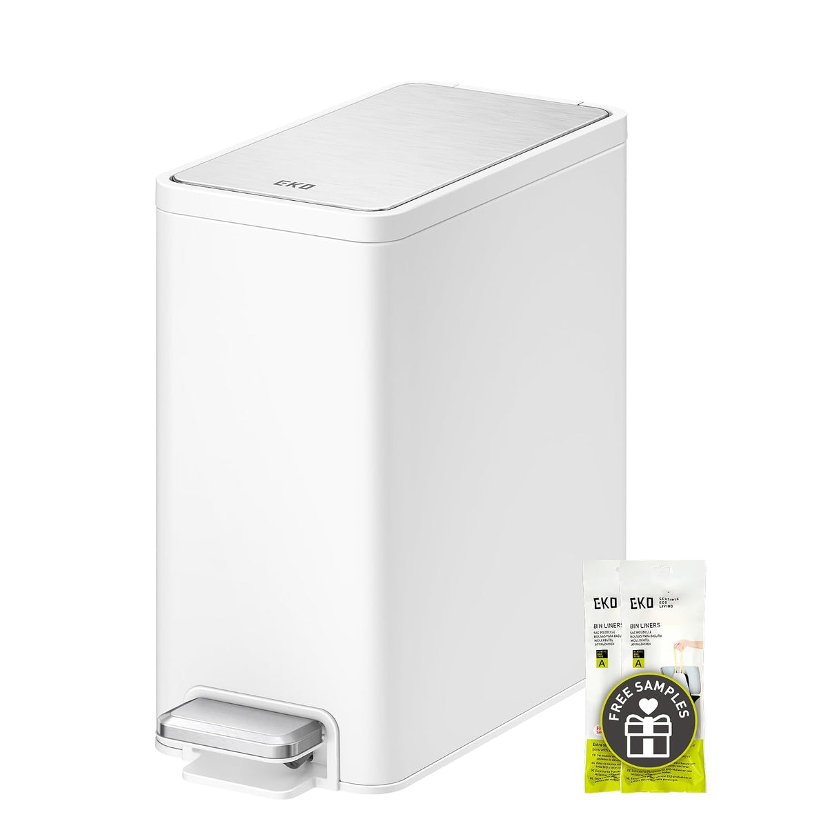 EKO - Cubeta de basura pequeña y delgada para baño con tapa, de acero inoxidable, con cubeta interior extraíble, 6 L / 1.6 Gal, escalonado (blanco)