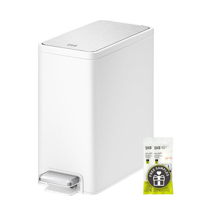 EKO - Cubeta de basura pequeña y delgada para baño con tapa, de acero inoxidable, con cubeta interior extraíble, 6 L / 1.6 Gal, escalonado (blanco)