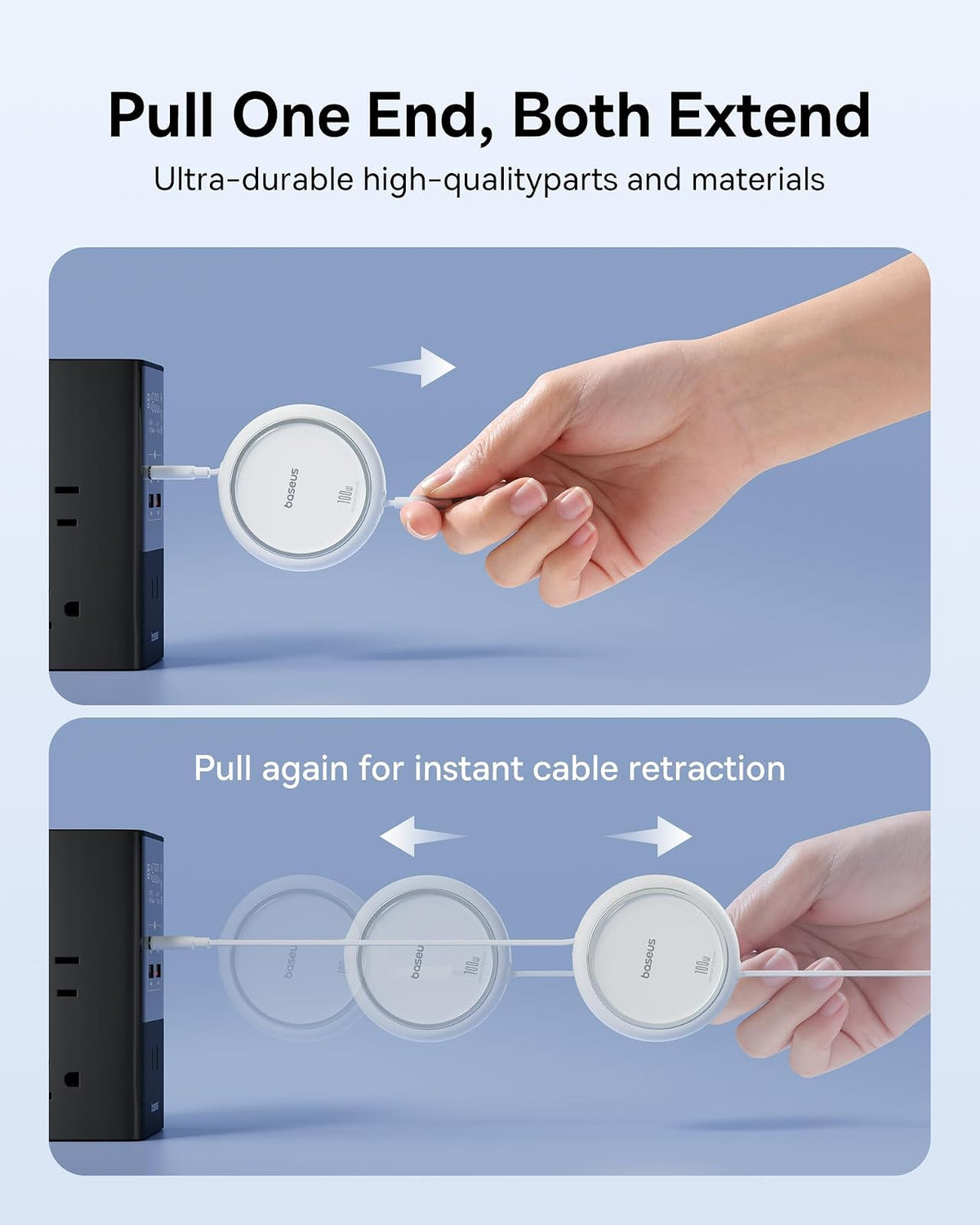 Baseus - Cable USB C, mini cable de carga retráctil USB C a USB C de 100 W, longitud de 4 etapas preestablecida retráctil tipo C USB C para iPhone 15, S23+, Note 10 iPad Pro MacBook Pro, Blanco