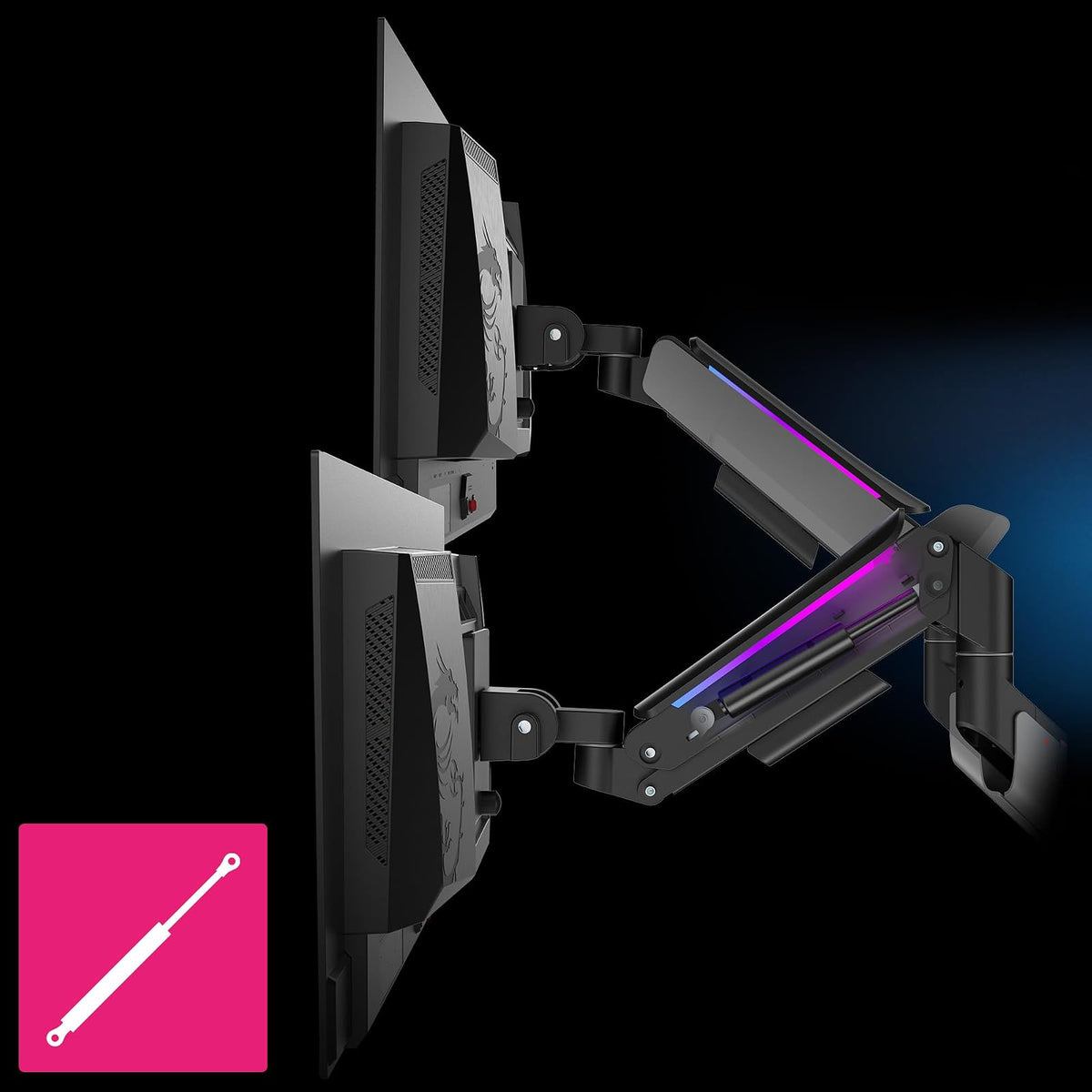 MSI MPG MT201DR V2 - Brazos de Soporte para Monitor Dual RGB Premium, Soporte de 17-35", Compatible con VESA, Soporte Ajustable Resistente con Resorte de Gas, Capacidad de 20 kg por Pantalla