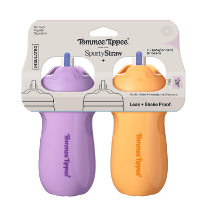 Tommee Tippee Vaso con Popote Sporty, 1-3 Años, Antiderrames, 266ml | Paquete de 2, Térmico, Asa Deportiva, Boquilla Resistente a Mordidas, Tapa Mantiene el Popote Limpio, Morado y Naranja