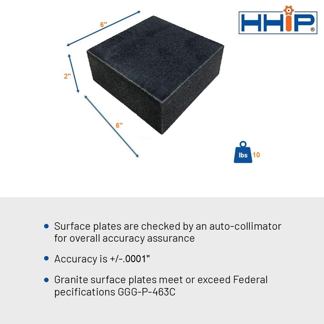 HHIP 4401-1596 - Placa de superficie de granito de 6 x 6 x 2 pulgadas, grado B, 0 repisa