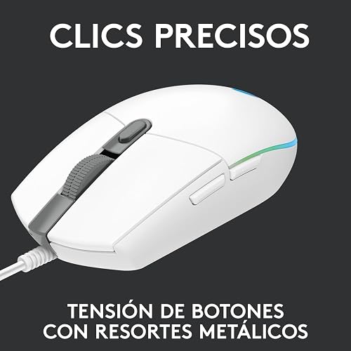 Logitech G203 LIGHTSYNC Mouse Ergonómico con Cable, Iluminación RGB Personalizable, 6 Botones Programables, Seguimiento de hasta 8,000 dpi, Ultra-Ligero - Color Blanco
