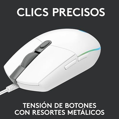Logitech G203 LIGHTSYNC Mouse Ergonómico con Cable, Iluminación RGB Personalizable, 6 Botones Programables, Seguimiento de hasta 8,000 dpi, Ultra-Ligero - Color Blanco