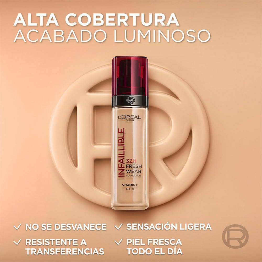 L'Oréal Paris Infallible 32H Freshwear Base de Maquillaje Líquida, Larga Duración y Alta Cobertura, Tono 020 Neutral, 30ml