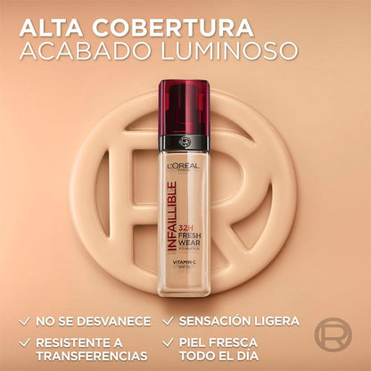 L'Oréal Paris Infallible 32H Freshwear Base de Maquillaje Líquida, Larga Duración y Alta Cobertura, Tono 020 Neutral, 30ml