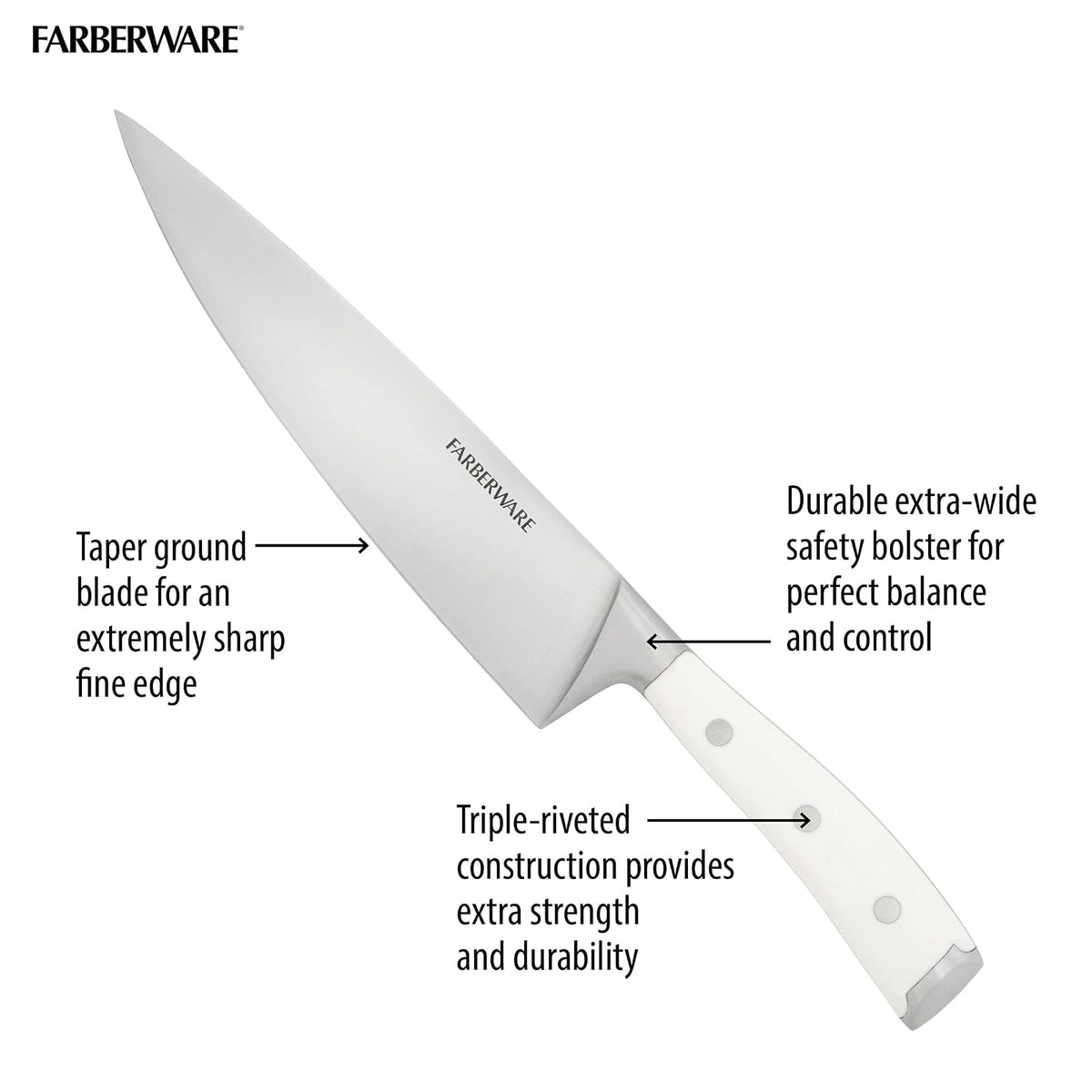 Farberware Juego de 15 cuchillos forjados de triple remache, juego de cuchillos de cocina de alto carbono con asas ergonómicas, juego de 15 piezas, juego de cuchillos afilados, blanco