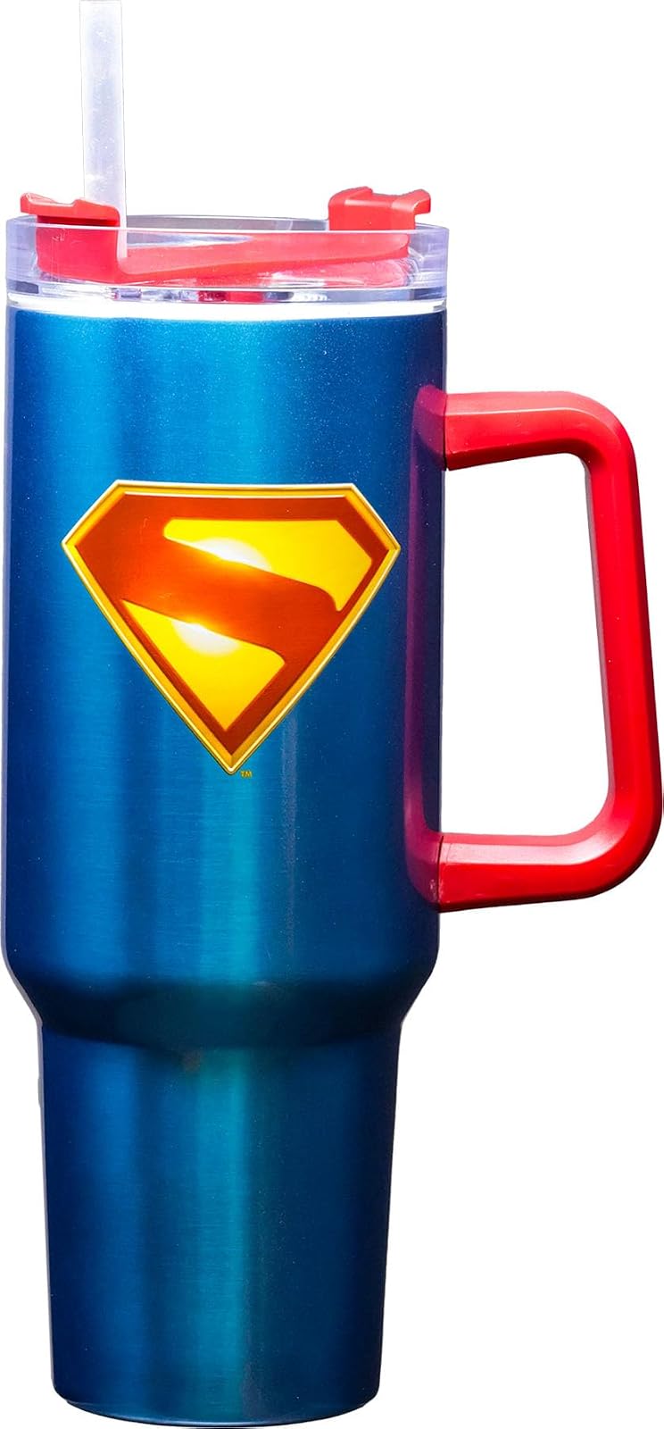 Spoontiques Superman Legacy - Taza de viaje de acero inoxidable de 40 onzas, doble pared de acero inoxidable con tapa de viaje con cerradura deslizante, 11 pulgadas de alto
