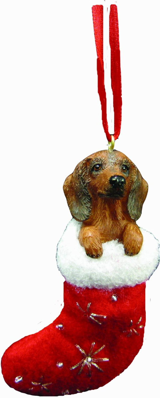 Adorno navideño con diseño de Perro Salchicha con Texto Papá Noel Pintado a Mano y Cosido Detalle
