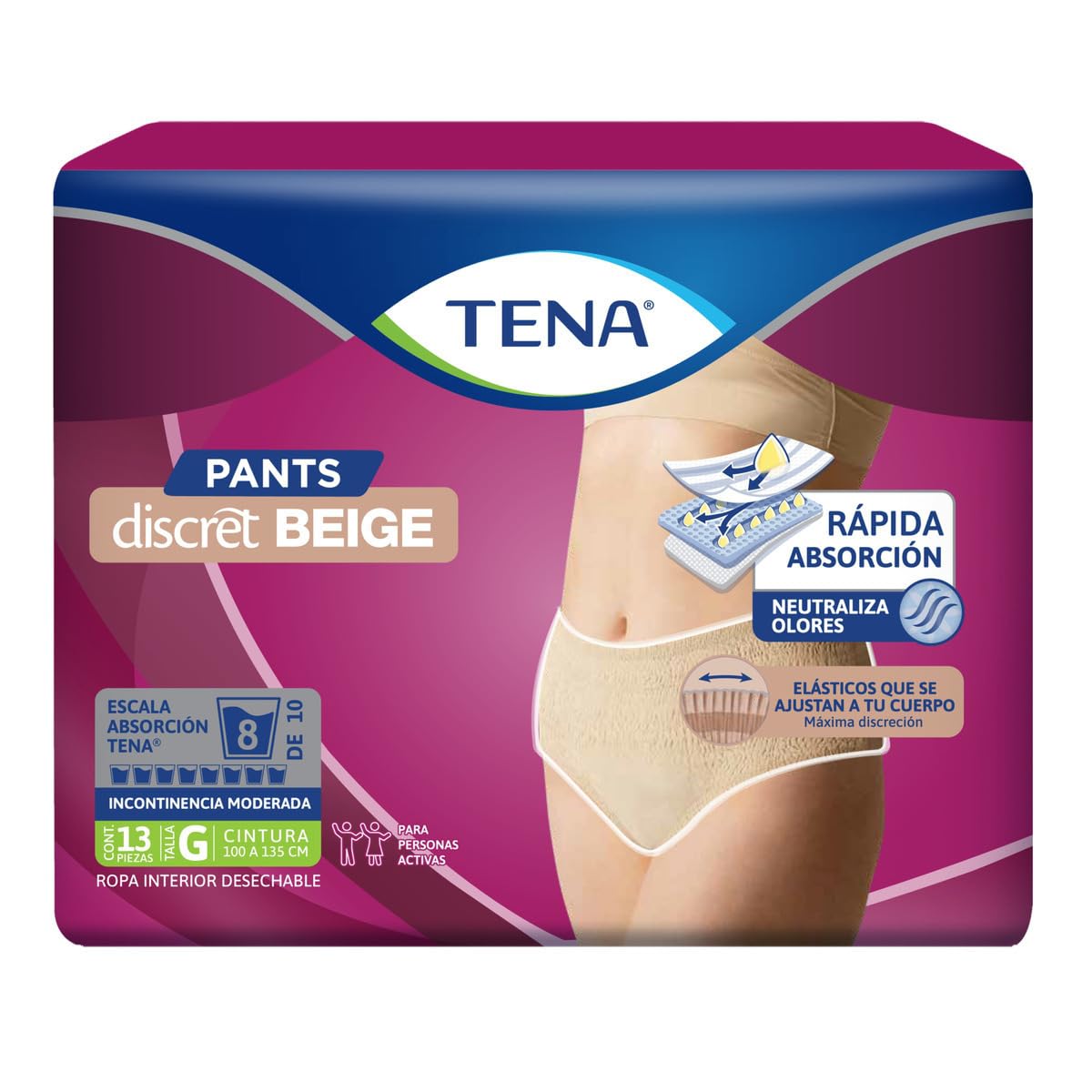 TENA Pants Discret Beige Talla G, Ropa interior desechable, 13 piezas