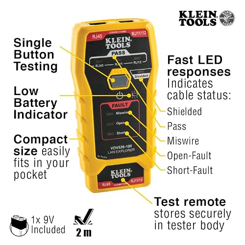 KLEIN TOOLS VDV526-100 |Probador De Red |RJ11/RJ12/RJ45 |Diagnóstico Rápido | Probador de cable de red RJ11, RJ12 y RJ45, ideal para detectar fallas y revisar conexiones de forma rápida y sencilla.