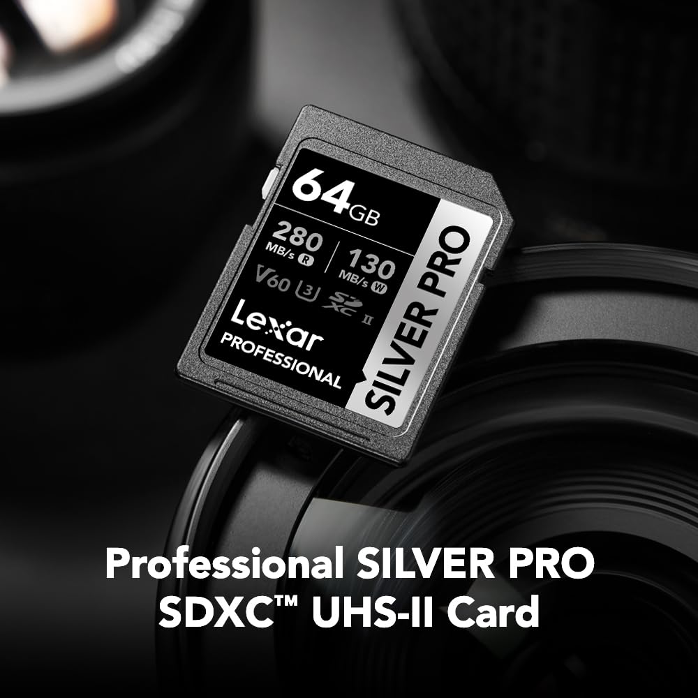 Tarjeta Lexar Profesional 64GB Silver Pro SDXC UHS-II Clase 10, U3, V60, Silver Pro (Lectura hasta 280MB/s Read, Escritura hasta 120MB/s)