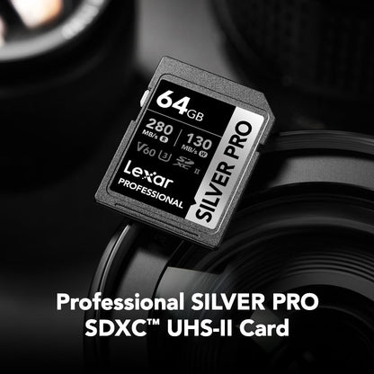 Tarjeta Lexar Profesional 64GB Silver Pro SDXC UHS-II Clase 10, U3, V60, Silver Pro (Lectura hasta 280MB/s Read, Escritura hasta 120MB/s)