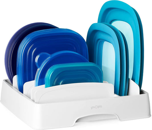 YouCopia StoraLid Organizador de tapa, mediano, blanco | Blanco, plástico sin BPA, 10.4 x 11.2 x 3.3 pulgadas, 5 divisores ajustables