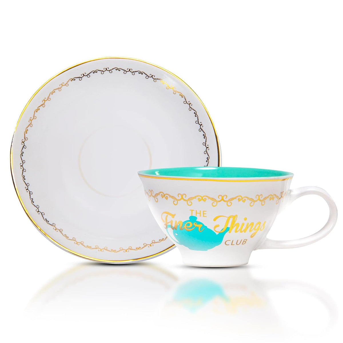 Silver Buffalo The Office Finer Things Club Tea - Taza de té y platillo de cerámica en caja con lámina dorada, 12 onzas