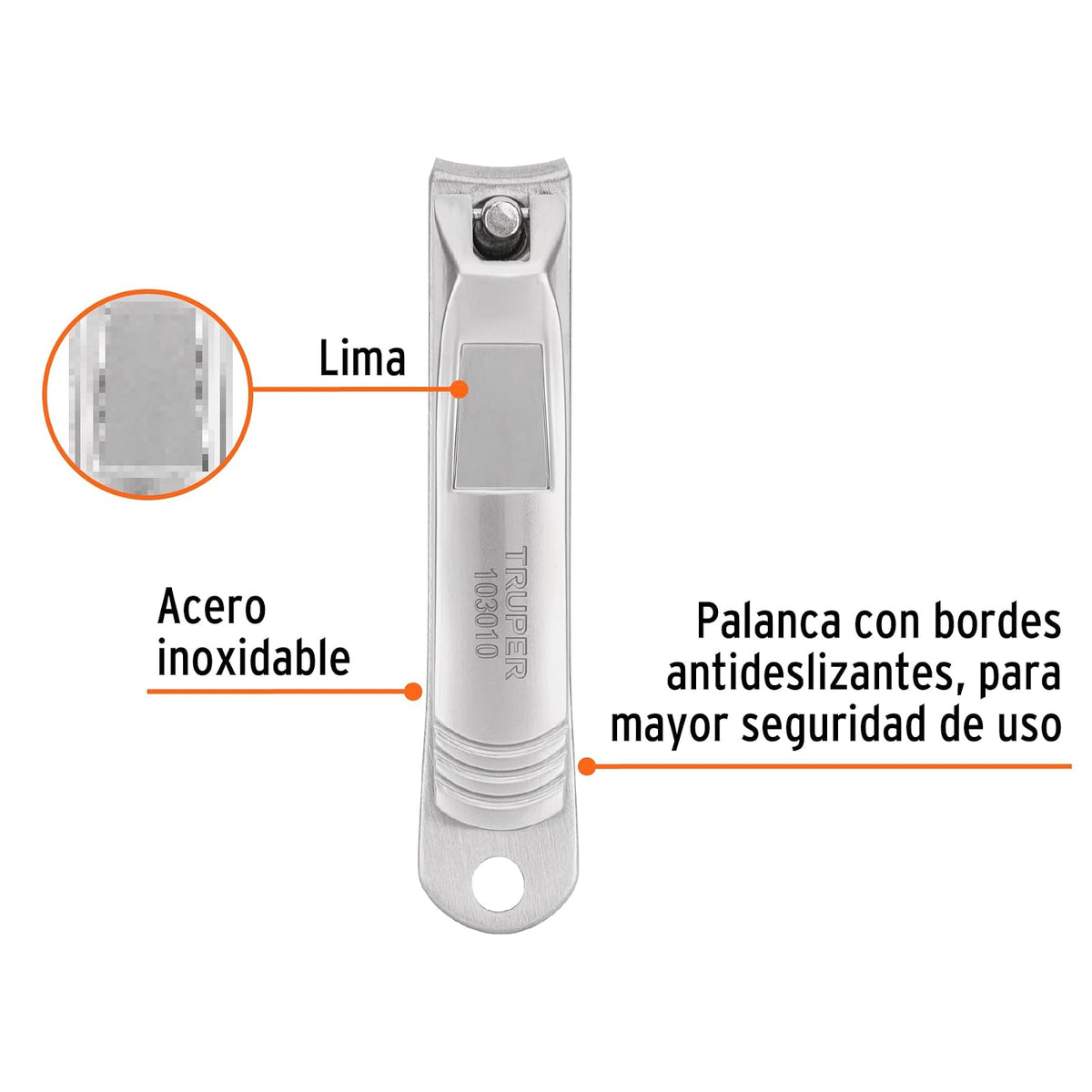 Truper UNA-530, Corta uñas 3" acero inoxidable acabado niquelado