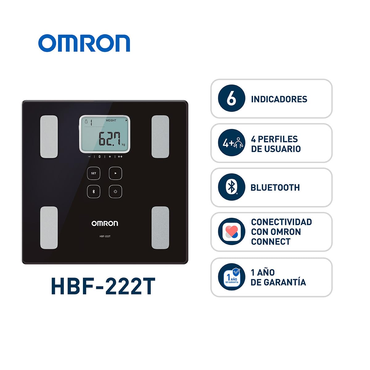 OMRON Báscula digital Corporal HBF-222T con 6 indicadores y Bluetooth, para 4 perfiles de usuario y memoria ilimitada. Compatible con OMRON Connect