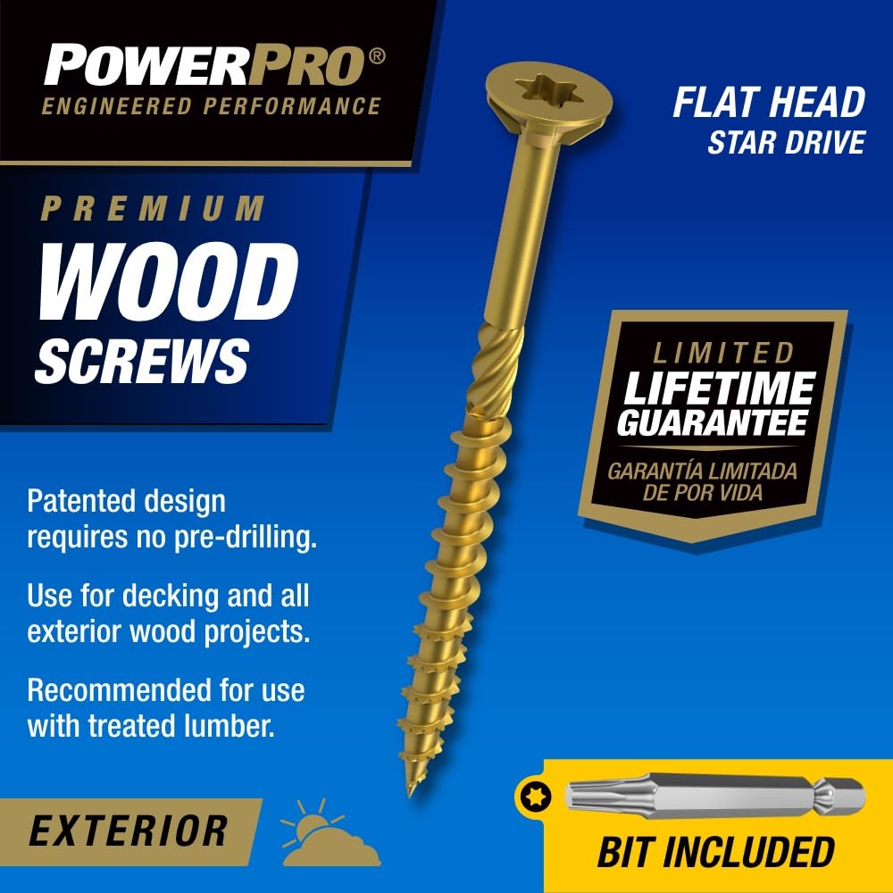 Power Pro Tornillos Para Madera #10 X 3 Pulgadas 967780 | Caja De 1200 Unidades, Resistentes A La Corrosión, Bronce Recubierto De Epoxi, Para Cubierta Exterior