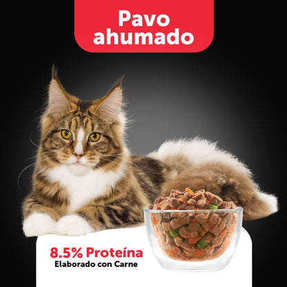 Minino Plus Recetas, alimento húmedo sabor Pavo ahumado, Paquete con 24 Pzas de 85 g.