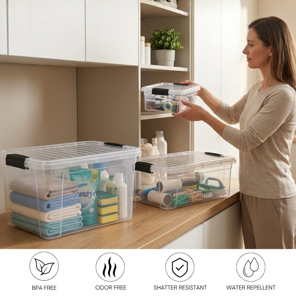 Superio Contenedores de almacenamiento de plástico transparente con tapa, caja de 4.5 cuartos de galón, contenedores organizadores, bolsa de plástico apilable para el hogar, cochera, recámara, escuela