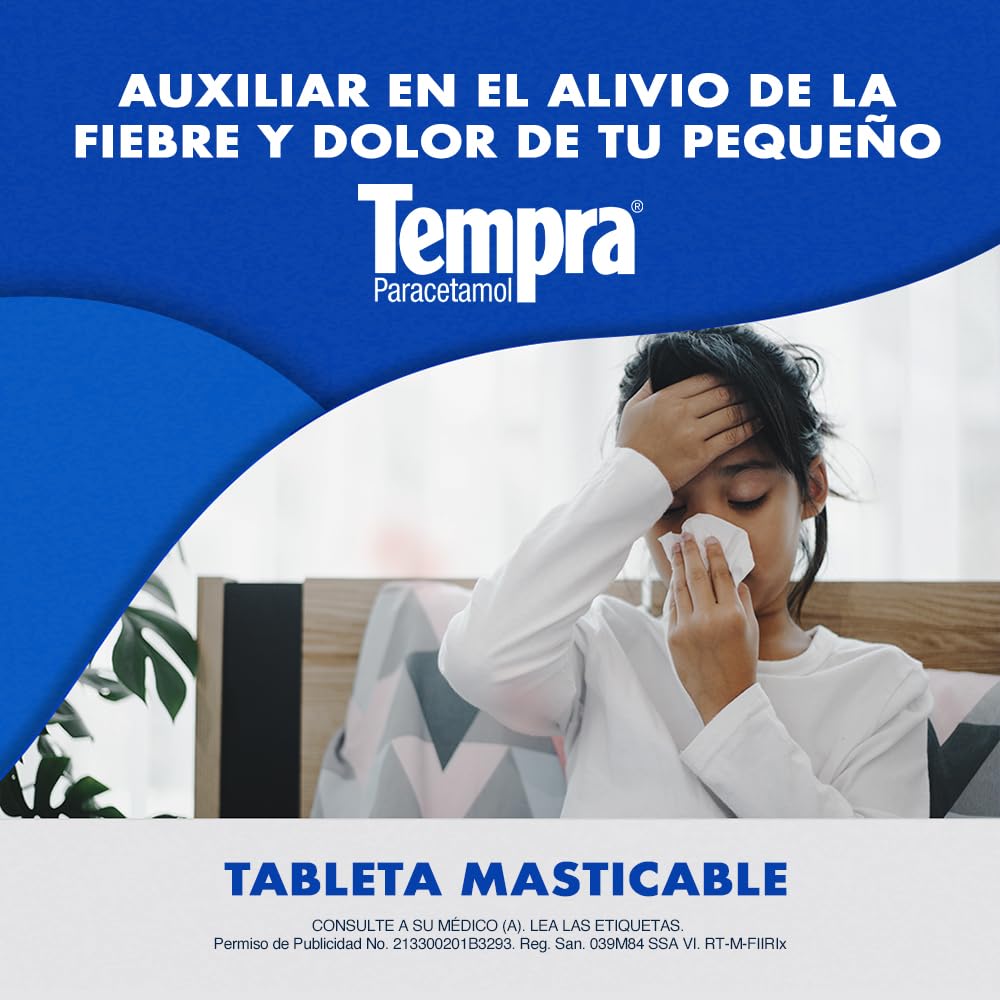 Tempra Tableta Masticable 160mg Fiebre y Dolor Sabor Uva Paracetamol caja con 30 tabletas
