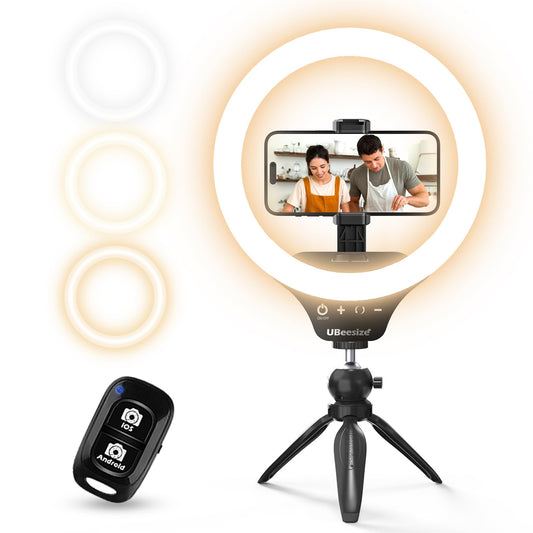UBeesize Anillo de luz para Selfie de 10 Pulgadas con Soporte para trípode y Soporte para teléfono Celular, luz Circular LED de Escritorio Regulable