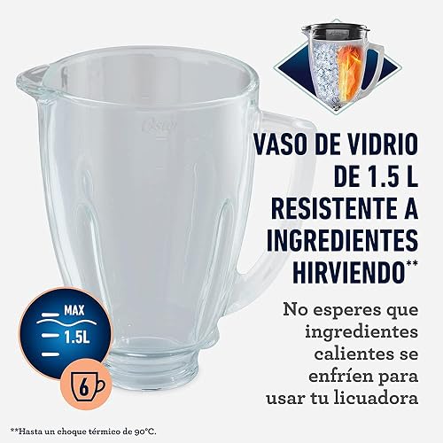 Oster Licuadora Clásica 1000 W 3 Velocidades con Vaso de Vidrio | Prepara sopas y recetas frías, cuchilla trituradora de hielo, acople metálico y motor reversible, palanca, BLSTBESTE-013