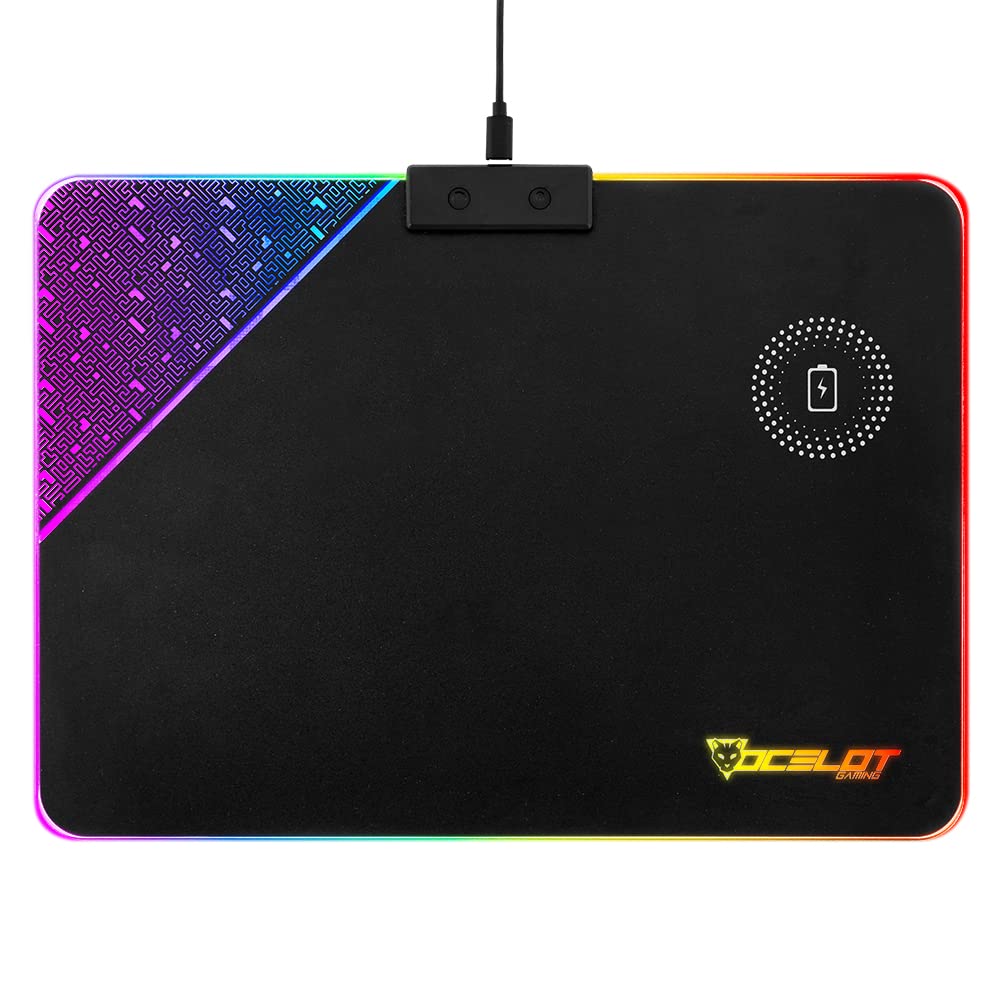 Mouse Pad Rigido Ocelot Gaming OMPR01. Iluminación RGB con Software Integrado, Conexión USB para alimentación, Sistema de Carga inalambrica para Smartphones.