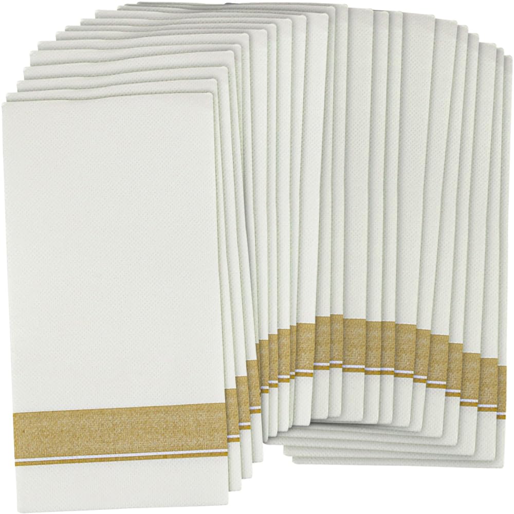 Blue Sky - Servilletas de papel para cena, estilo tela, paquete de 50 unidades, elegantes y de primera calidad, color blanco con borde dorado, perfectas para entretenimiento y ocasiones especiales