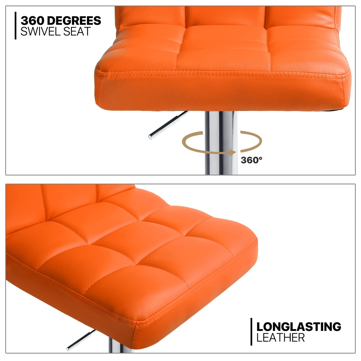 MoNiBloom - Juego de 2 taburetes de Bar con Respaldo Cuadrado de Piel sintética, Altura Ajustable y reposapiés para el hogar, Cocina, Comedor, Color Naranja
