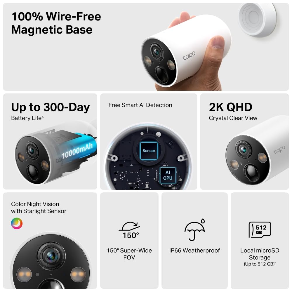 Tapo TP-Link TC85, Cámara Seguridad Inalámbrica 2K, Visión Nocturna Color, 150° FOV, IA Gratis, IP66, Batería 300 Días, Compatible Panel Solar