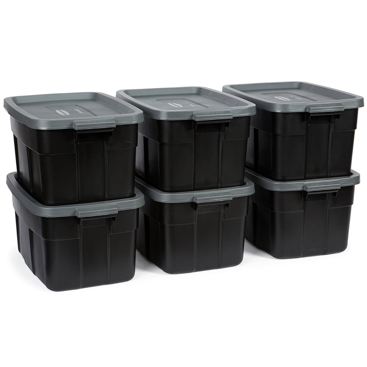 Rubbermaid - Contenedores de almacenamiento de plástico negro resistentes con tapas para almacenamiento, apilables, de gran capacidad, duraderos, multiusos, 14 galones, 6 unidades (14 galones, 6