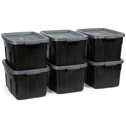 Rubbermaid - Contenedores de almacenamiento de plástico negro resistentes con tapas para almacenamiento, apilables, de gran capacidad, duraderos, multiusos, 14 galones, 6 unidades (14 galones, 6