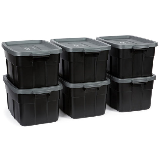 Rubbermaid - Contenedores de almacenamiento de plástico negro resistentes con tapas para almacenamiento, apilables, de gran capacidad, duraderos, multiusos, 14 galones, 6 unidades (14 galones, 6